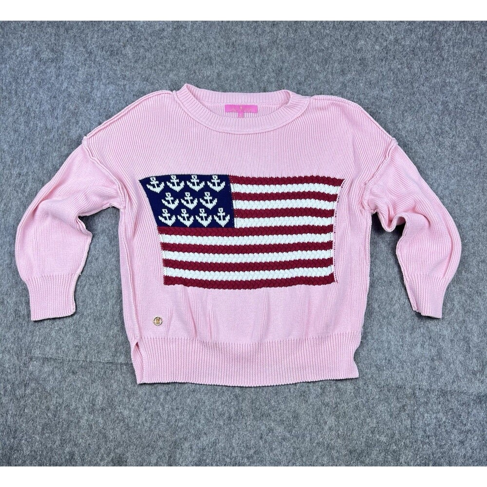 Simply Southern Women's Knitted Sweater American Flag Pink Crewneck Size Small